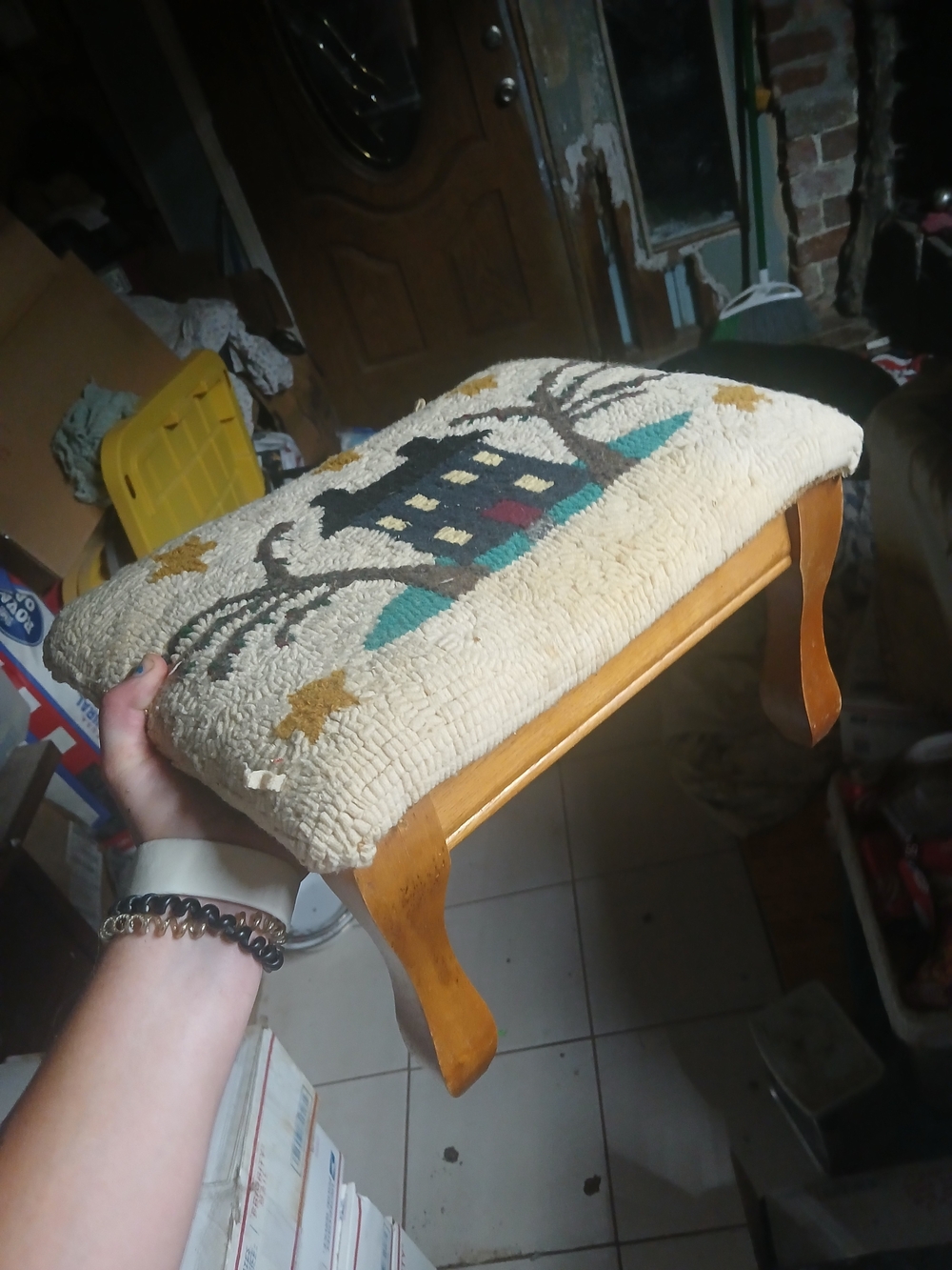 small wooden footstool a hand-hooked wool top 10"x16"x12" Folk Art Haunted House